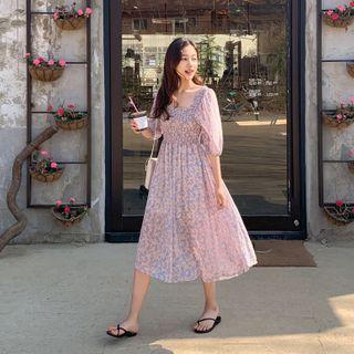 Smocked Floral Chiffon Midi Dress Pink - One Size