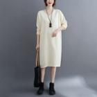 Long-sleeve V-neck Knit Midi Shift Dress Almond - One Size