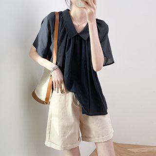 V-neck Plain Chiffon Pleated Blouse Navy Blue - One Size
