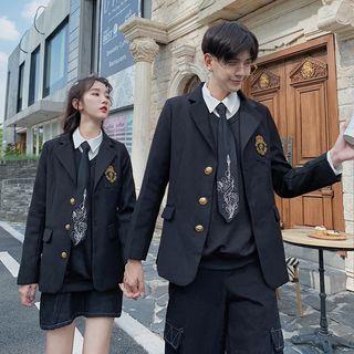Couple Matching Applique Single-breasted Blazer / Plain Shirt / Contrast Stitching Mini Skirt / Cropped Harem Pants