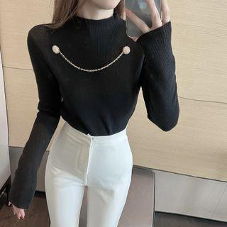 Mock-neck Chain Accent Knit Top