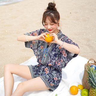 Set: Batwing-sleeve Floral Top+ Shorts