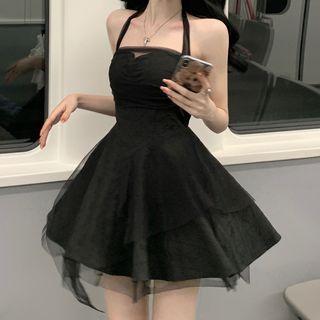 Halter Mesh Mini A-line Dress