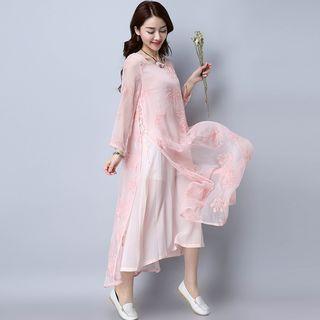 Embroidered Long Sleeve Layered Dress