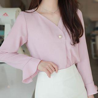 V-neck Faux-pearl Bell-cuff Blouse