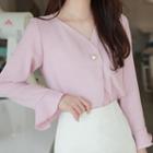 V-neck Faux-pearl Bell-cuff Blouse