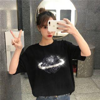 Elbow-sleeve Planet Sequined T-shirt