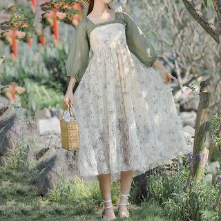 Two-tone Panel Floral Lace Midi A-line Dress