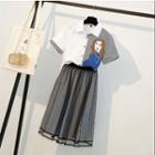 Set: Short-sleeve Printed Shirt + Midi Mesh Skirt