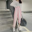 Plain Long-sleeve Loose-fit Knit Top / Color-block Jogger Pants