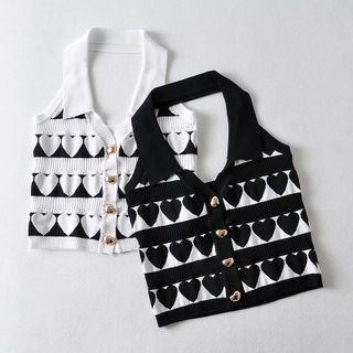 Halter-neck Collared Heart Print Knit Camisole Top