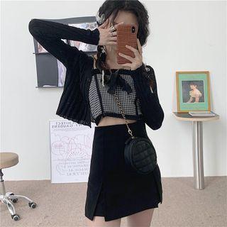 Cropped Check Camisole Top / Cardigan / Mini Pencil Skirt / Set