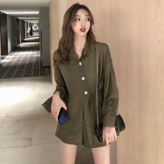 Set: Plain Long-sleeve Shirt + Shorts Green - One Size