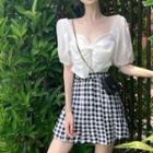 Short-sleeve Bow-accent Blouse / Plaid Mini A-line Skirt
