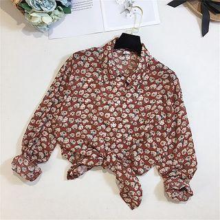 Floral Long-sleeve Blouse Brick Red - One Size