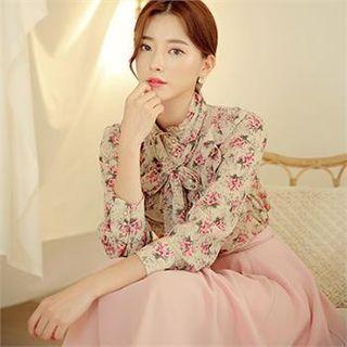 Tie-neck Frilled Chiffon Floral Blouse