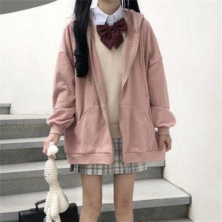 Long-sleeve Shirt / Knit Vest / Hooded Zip Jacket / Plaid Pleated A-line Mini Skirt