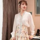 V-neck Blouse / Floral Embroidered Mini A-line Skirt