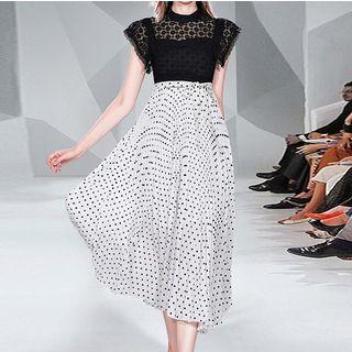 Lace Panel Dotted A-line Midi Dress