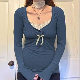Long Sleeve Lace-panel Bow-detail T-shirt