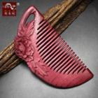 Flower Engraved Wooden Hair Comb Rose Pink - One Size