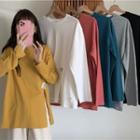 Plain Round-neck Slit Long-sleeve T-shirt