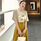 Turtleneck Long-sleeve Mesh Top / Printed Short-sleeve T-shirt / High-waist Shorts