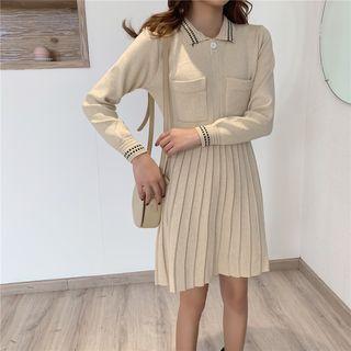 Polo Neck Pleated Mini Knit Dress
