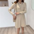 Polo Neck Pleated Mini Knit Dress