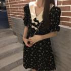 Short-sleeve Collared Floral Print Midi A-line Dress Black - One Size