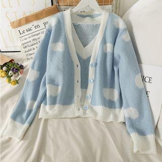 Set: Cloud-print Knit Vest + Loose Cardigan
