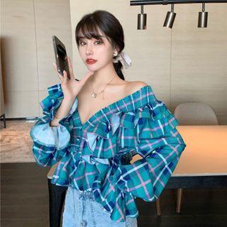 Off Shoulder Plaid Ruffle Long-sleeve Top