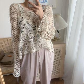 Long-sleeve Crochet Knit Top As Shown In Figure - One Size