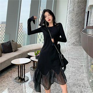 Long-sleeve Ruffle Trim Plain Dress