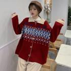 Collared Christmas Print Knit Cardigan Red - One Size