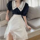 Short-sleeve Paneled Blouse / Midi A-line Skirt