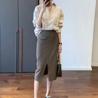 Set: Striped Shirt + Slit Midi Pencil Skirt