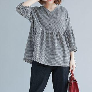 Long-sleeve Plaid Blouse Gingham - Black - One Size