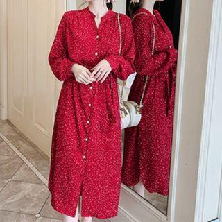 Long-sleeve Dotted Tie-waist Shirtdress