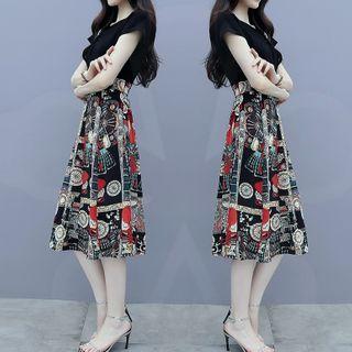 Mock Two-piece Short-sleeve Panel Printed A-line Dress