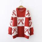 Bow Print Checkered Sweater Red - One Size