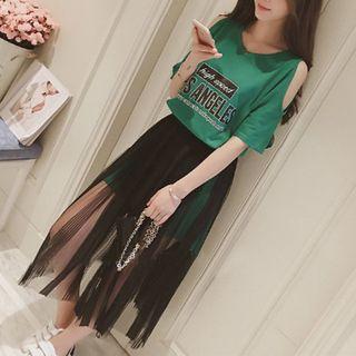 Set: Elbow-sleeve Cutout Top + Midi Sheer Skirt