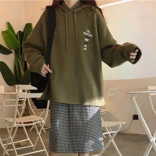 Print Hoodie + Plaid Midi Skirt