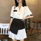 Contrast Trim Short-sleeve Shirt / Pleated Panel Skirt