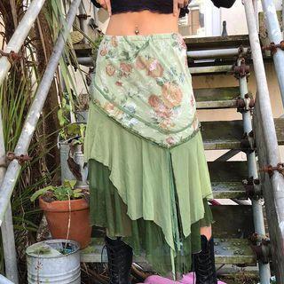 Floral Irregular Panel Midi A-line Skirt