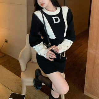 Lettering Two-tone Sweater / Mini Bodycon Sweater Dress / Chain Waist Belt