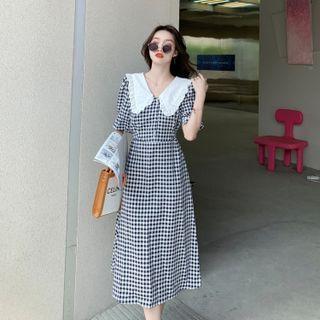 Short-sleeve Doll-collar Gingham Midi Dress
