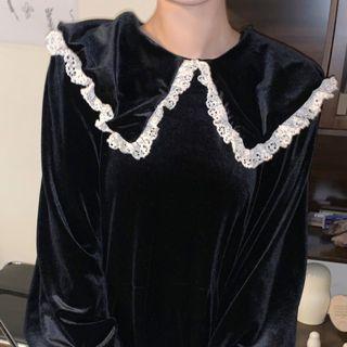 Lace Trim Long-sleeve Maxi Shift Dress Black - One Size