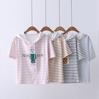 Short-sleeve Striped Printed Hooded T-shirt