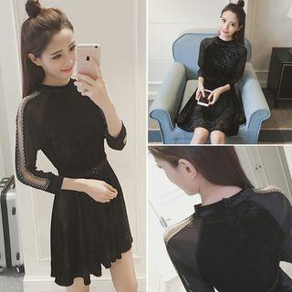 Mesh Panel Long Sleeve Velvet Dress